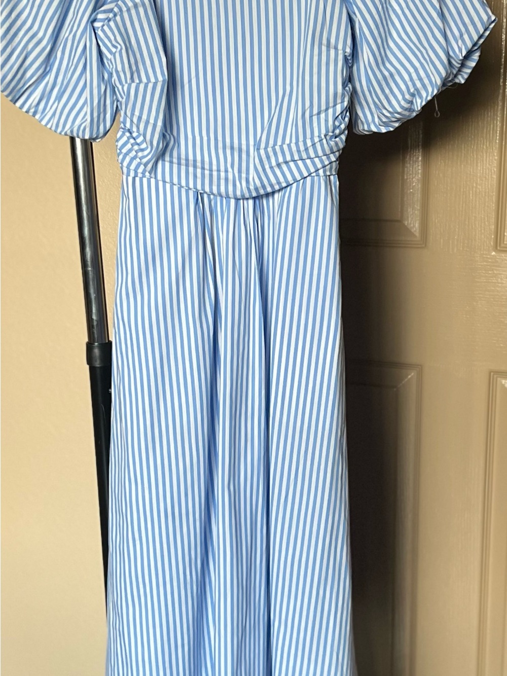 pop Blue and White Striped Maxi Dress with Puff Sleeves